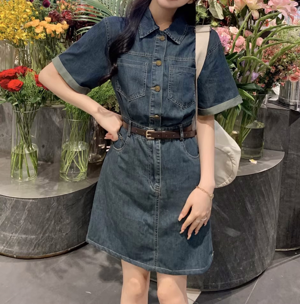 復古牛仔修身短洋裝