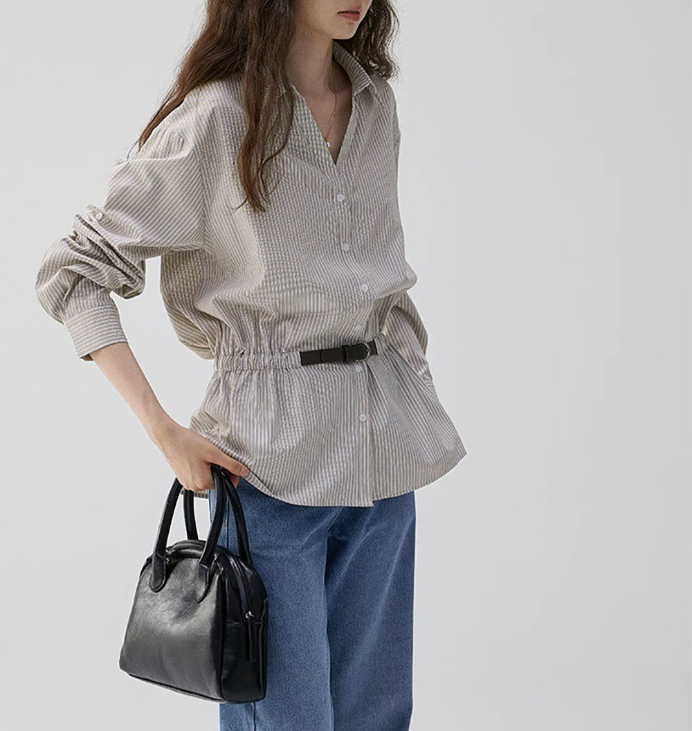 寬鬆條紋收腰設計襯衫
