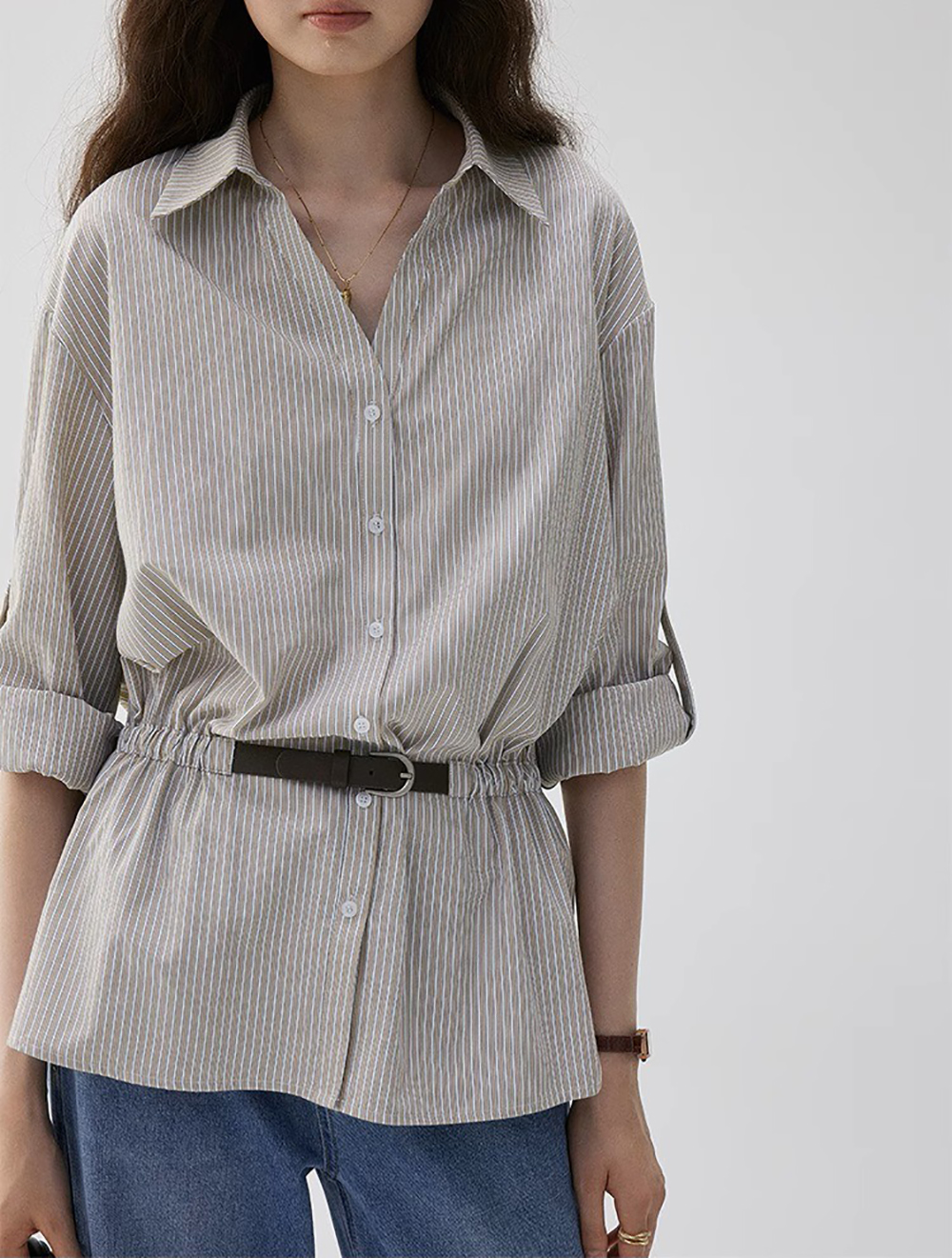 寬鬆條紋收腰設計襯衫