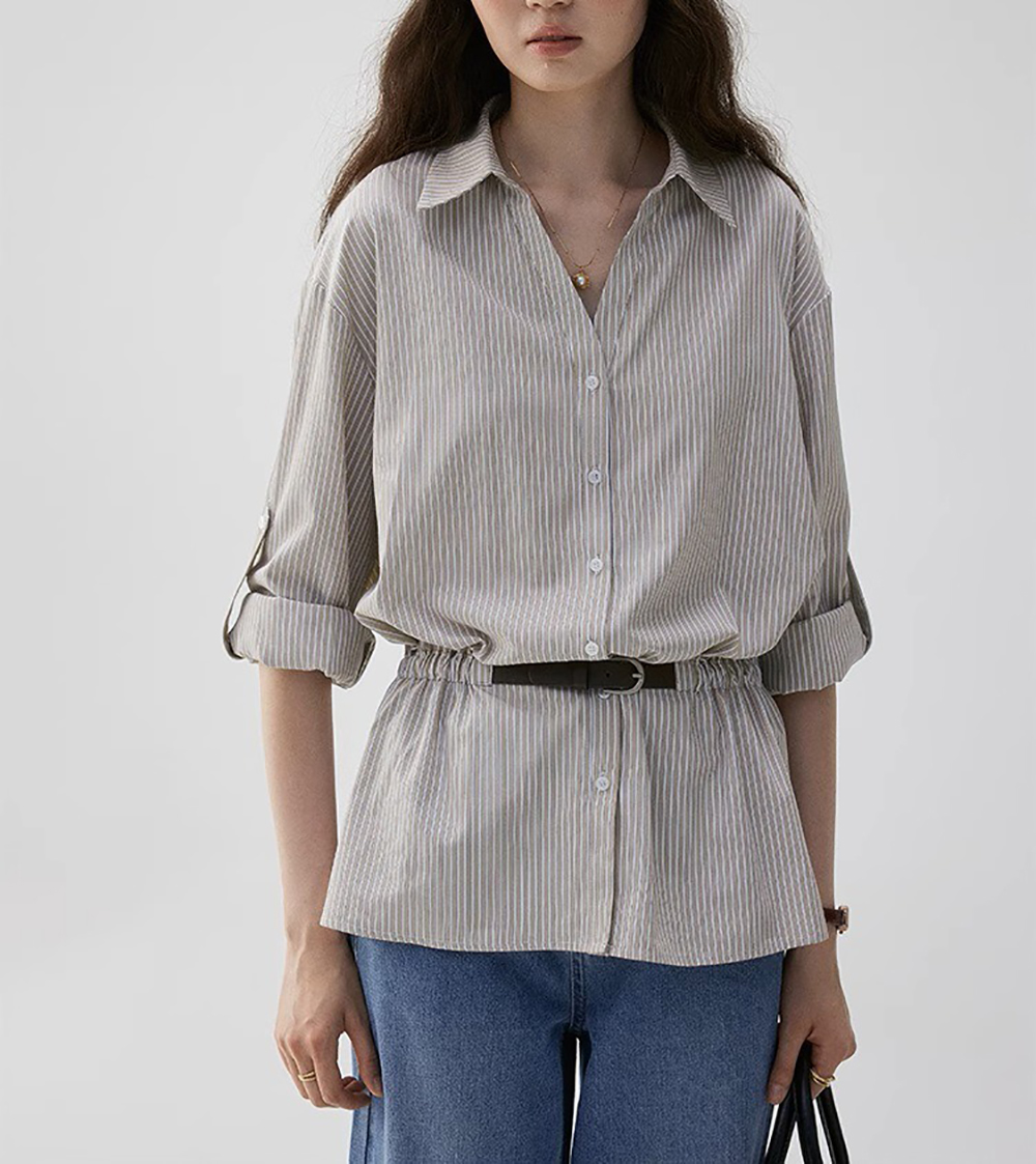 寬鬆條紋收腰設計襯衫