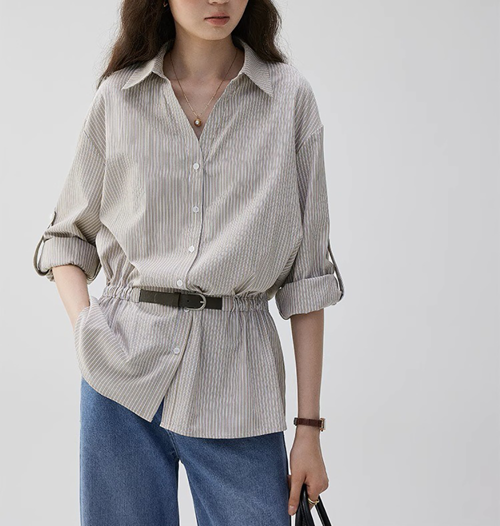 寬鬆條紋收腰設計襯衫