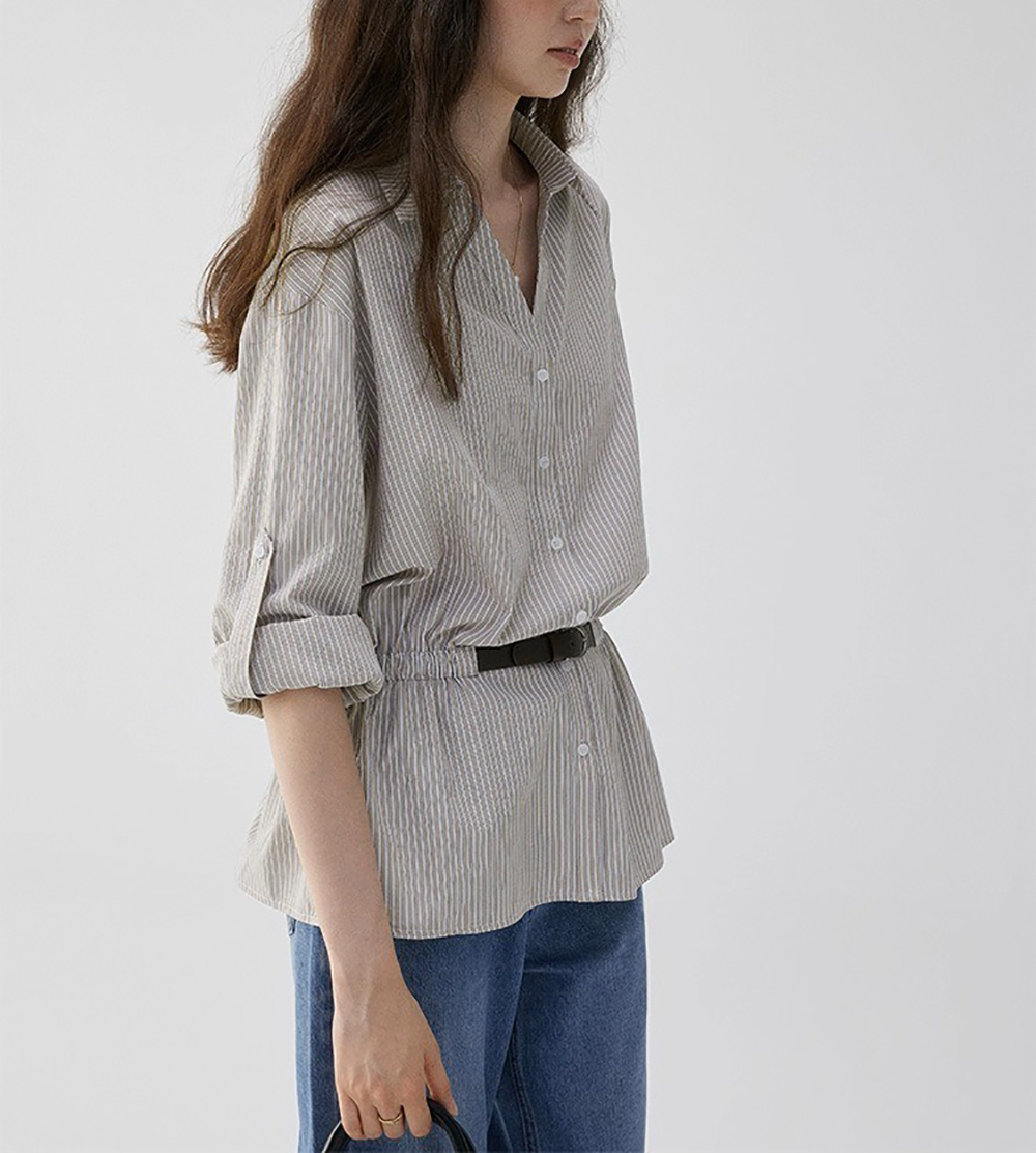 寬鬆條紋收腰設計襯衫