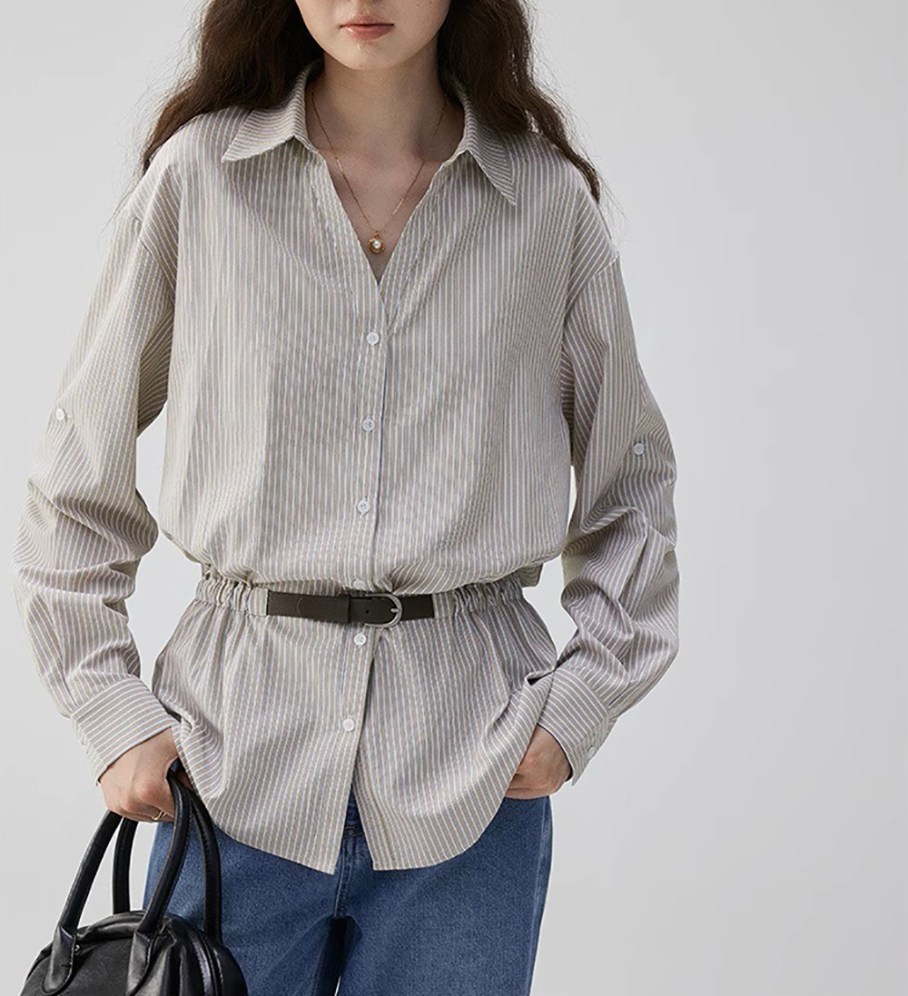 寬鬆條紋收腰設計襯衫