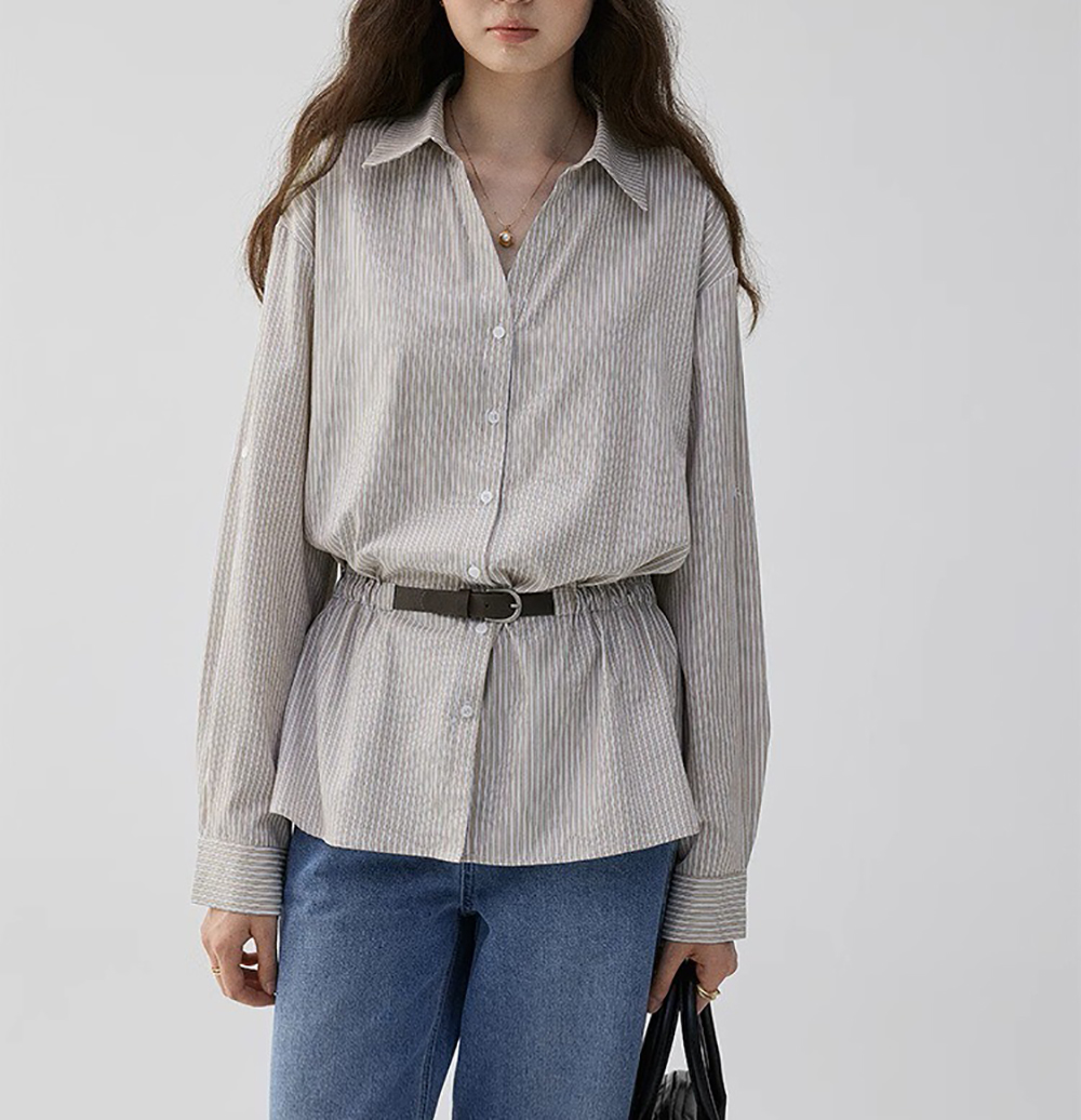 寬鬆條紋收腰設計襯衫