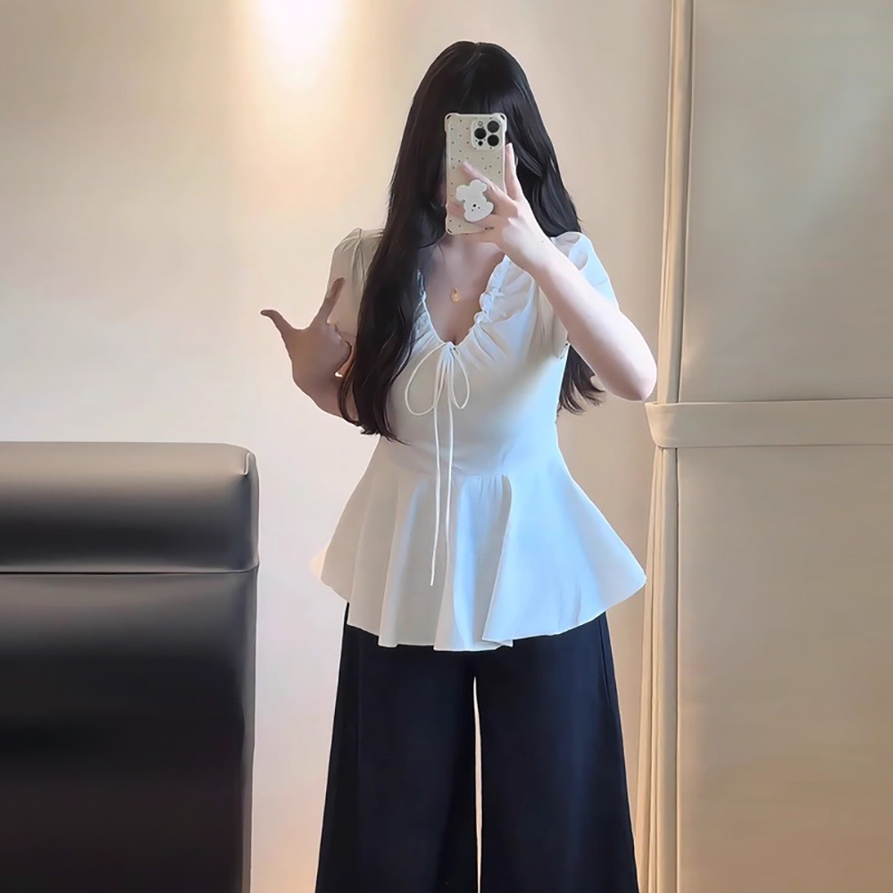 甜美抽繩V領綁帶上衣