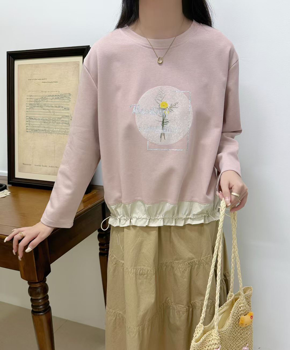 下襬抽繩印花拼色上衣