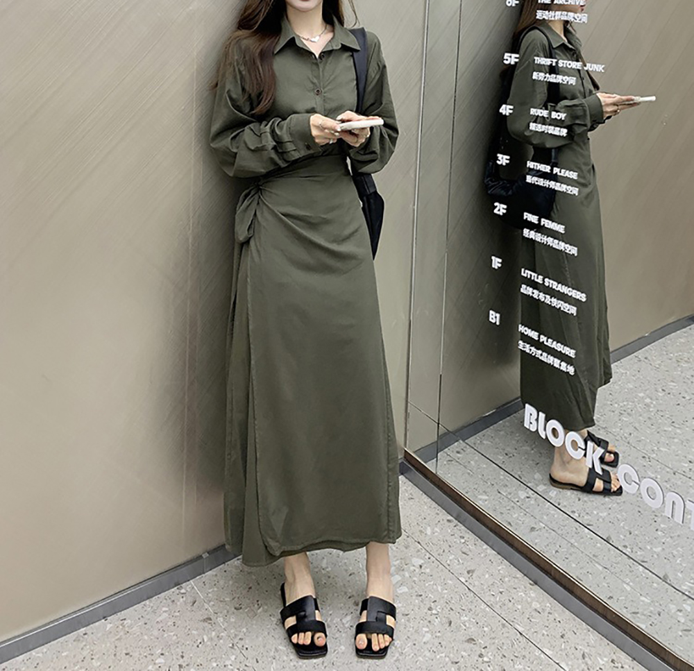 襯衫領綁帶設計長洋裝