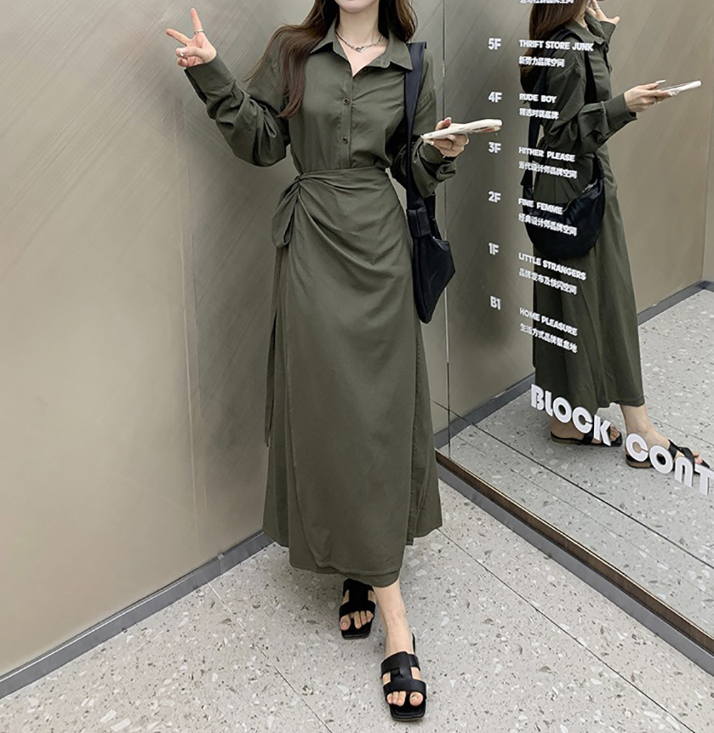 襯衫領綁帶設計長洋裝