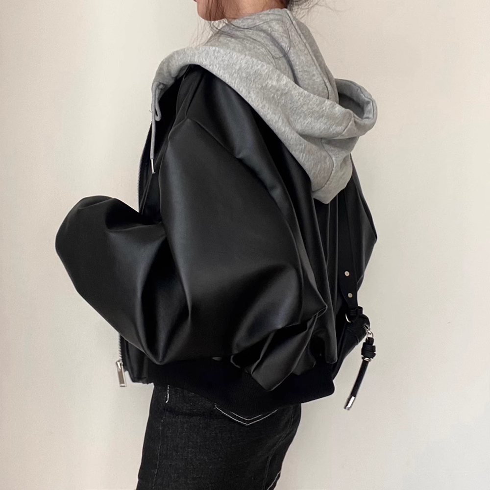 假兩件連帽皮質外套