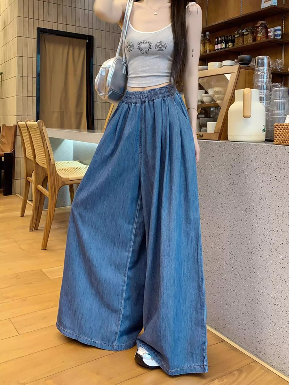 水洗牛仔鬆緊高腰寬褲