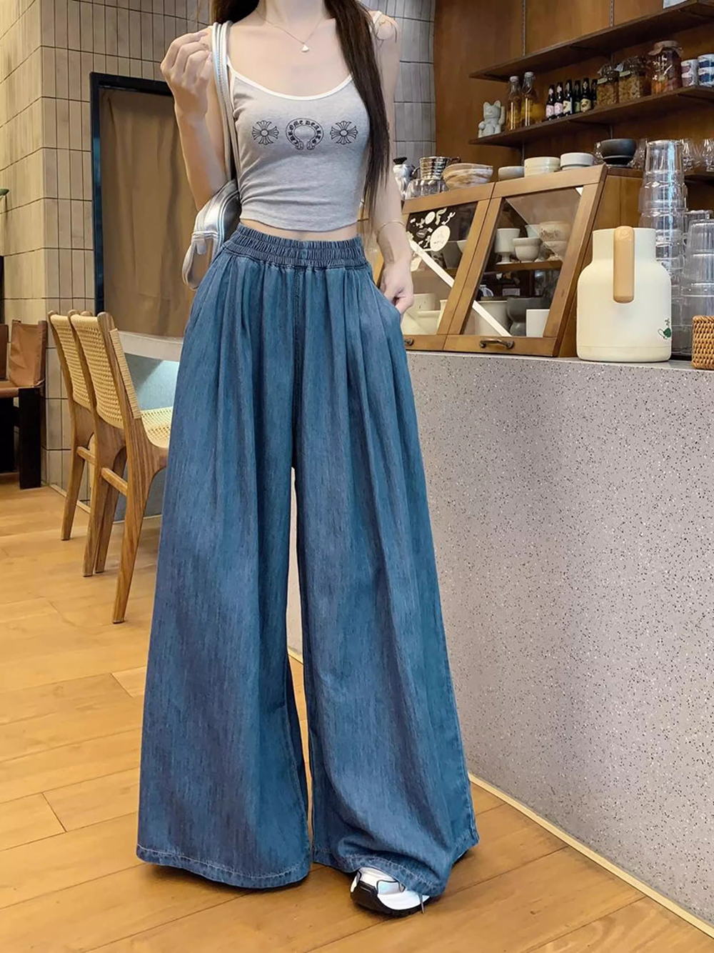 水洗牛仔鬆緊高腰寬褲