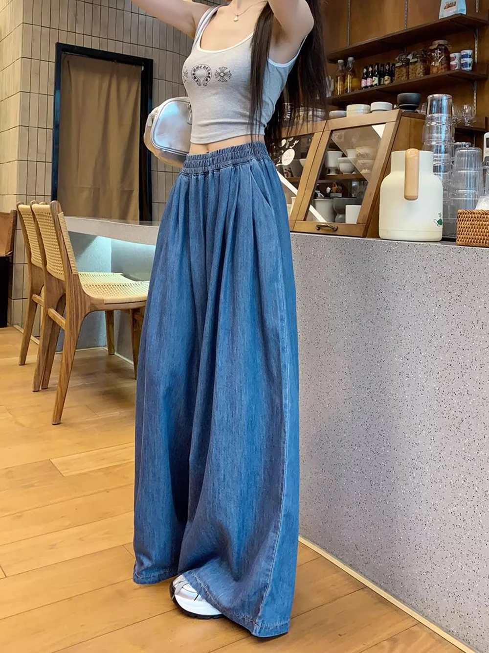 水洗牛仔鬆緊高腰寬褲