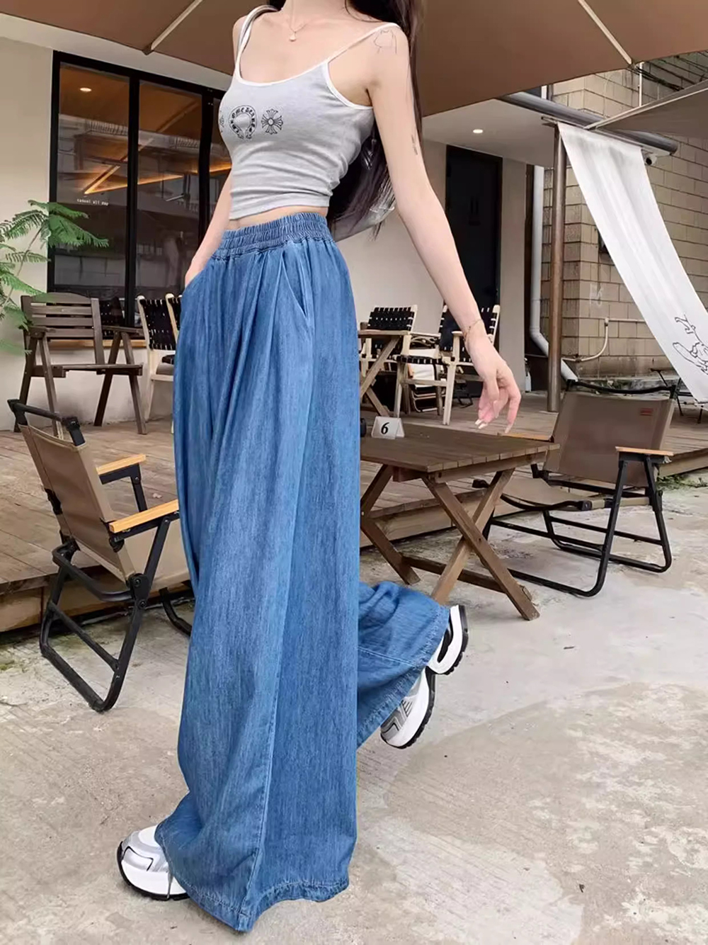 水洗牛仔鬆緊高腰寬褲