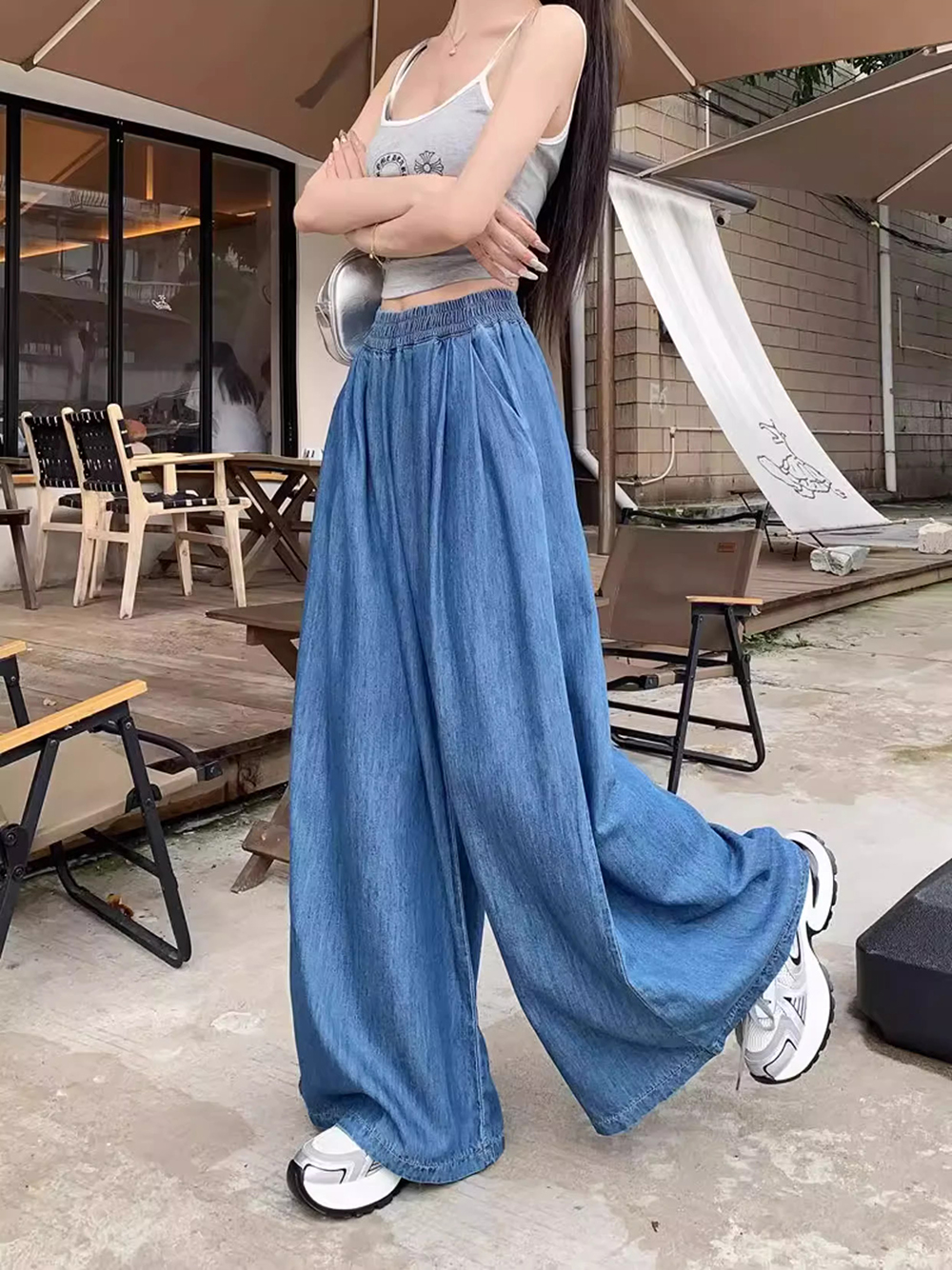 水洗牛仔鬆緊高腰寬褲