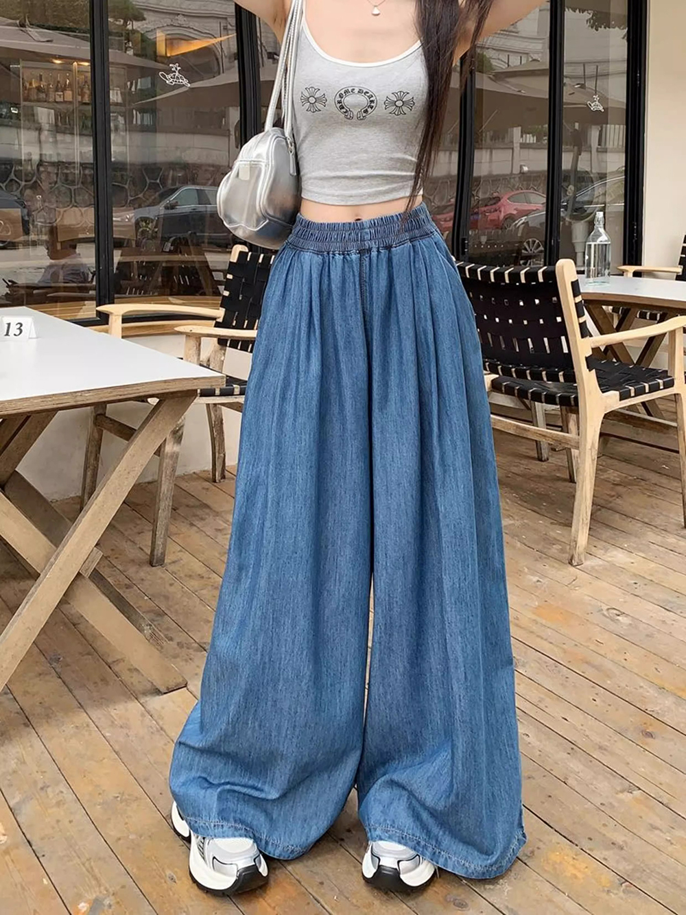 水洗牛仔鬆緊高腰寬褲