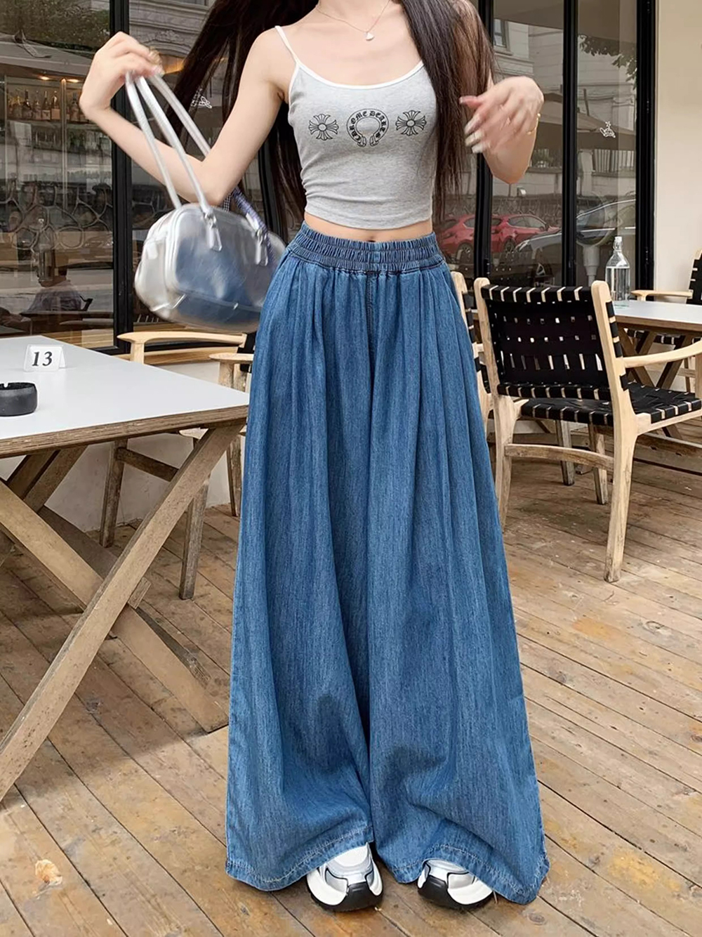 水洗牛仔鬆緊高腰寬褲