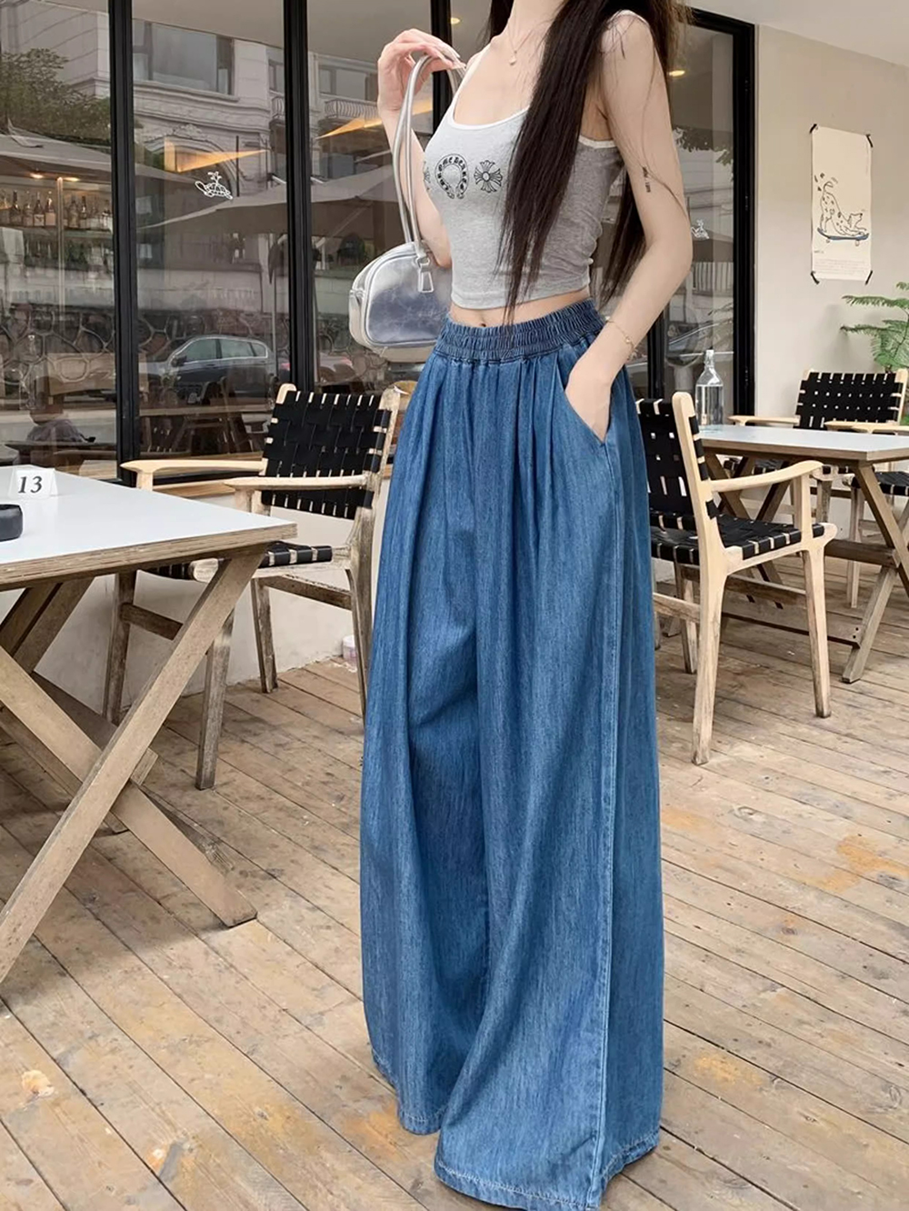 水洗牛仔鬆緊高腰寬褲