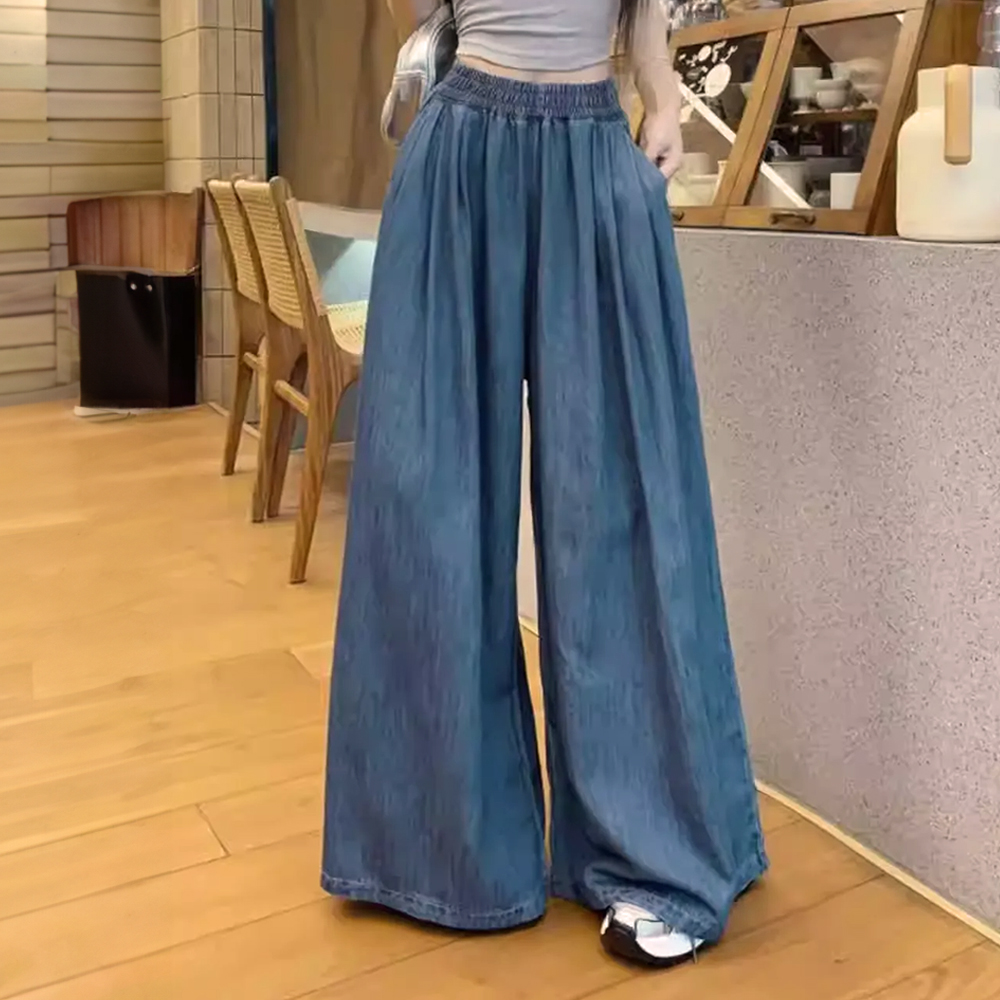 水洗牛仔鬆緊高腰寬褲