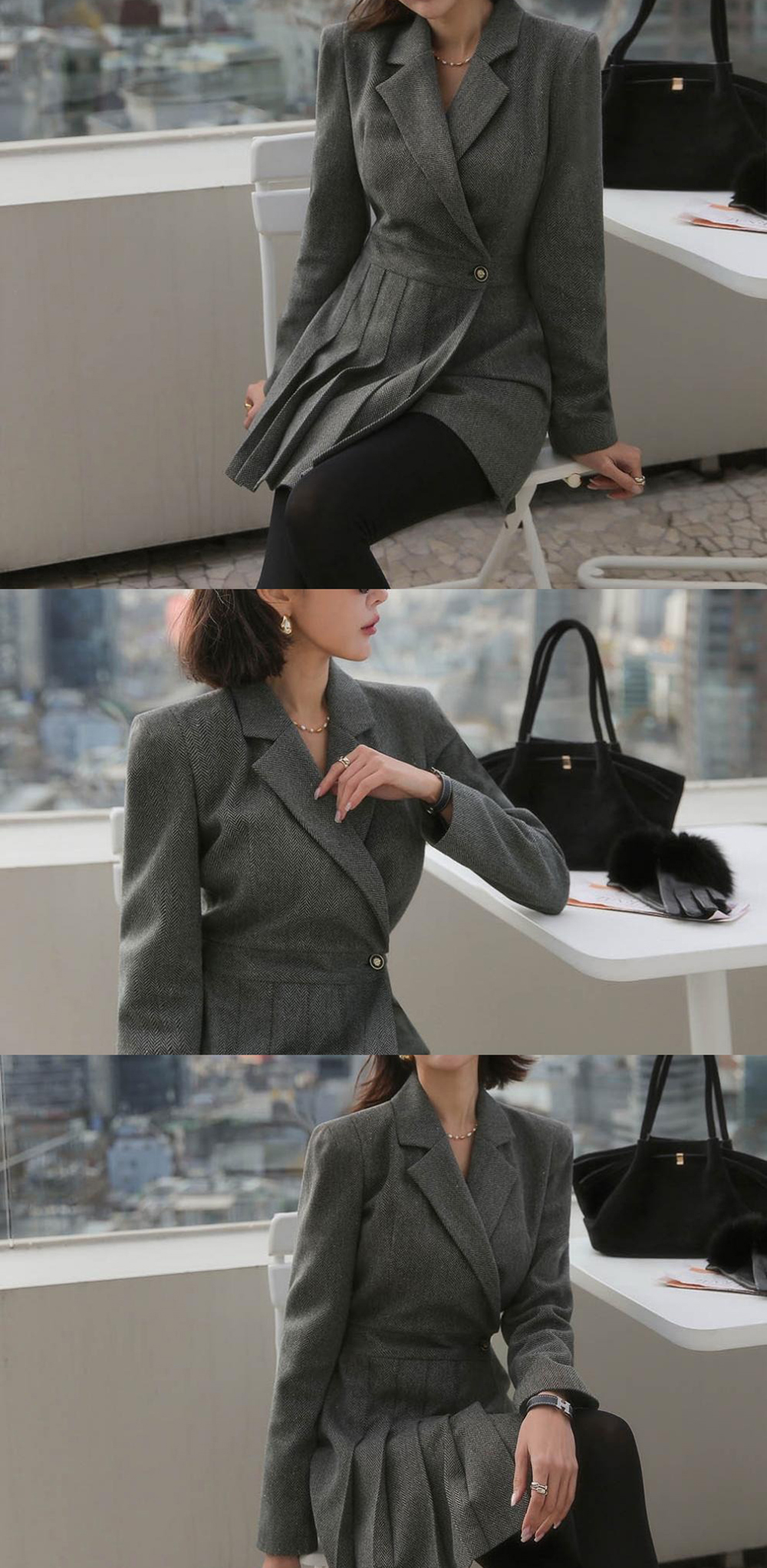 復古西裝感修身短洋裝