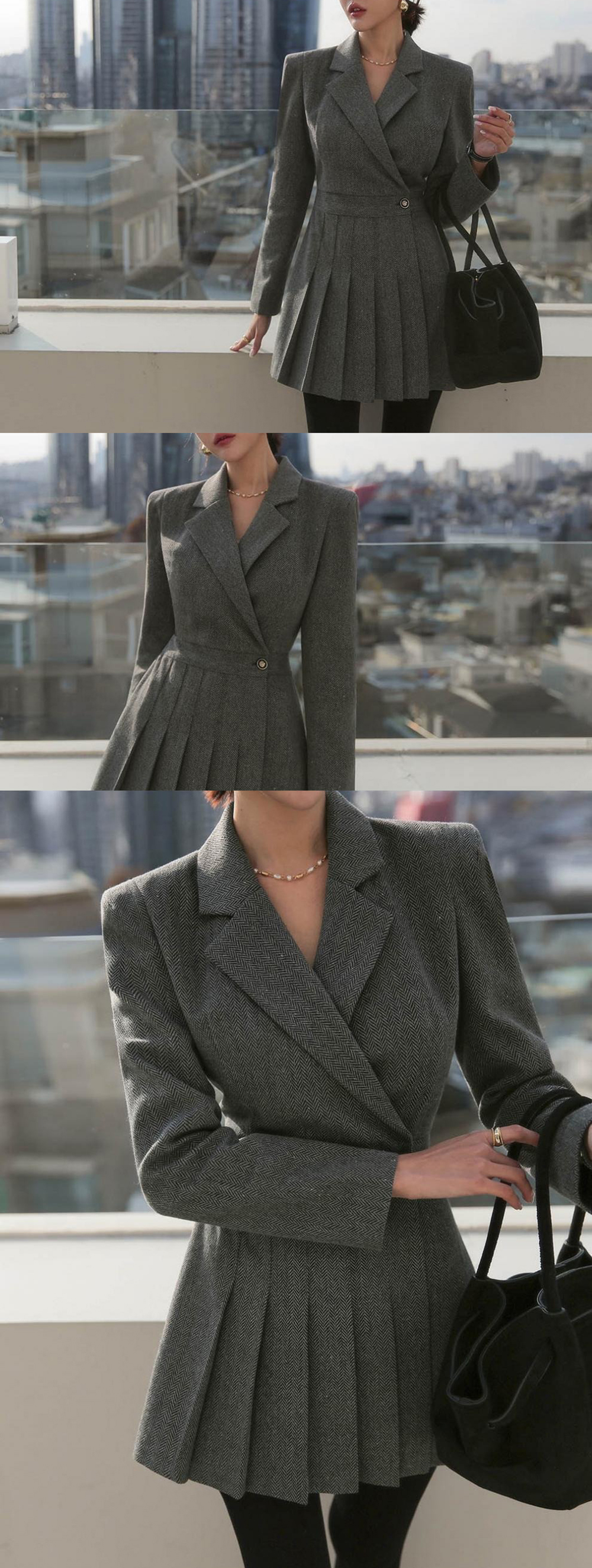 復古西裝感修身短洋裝