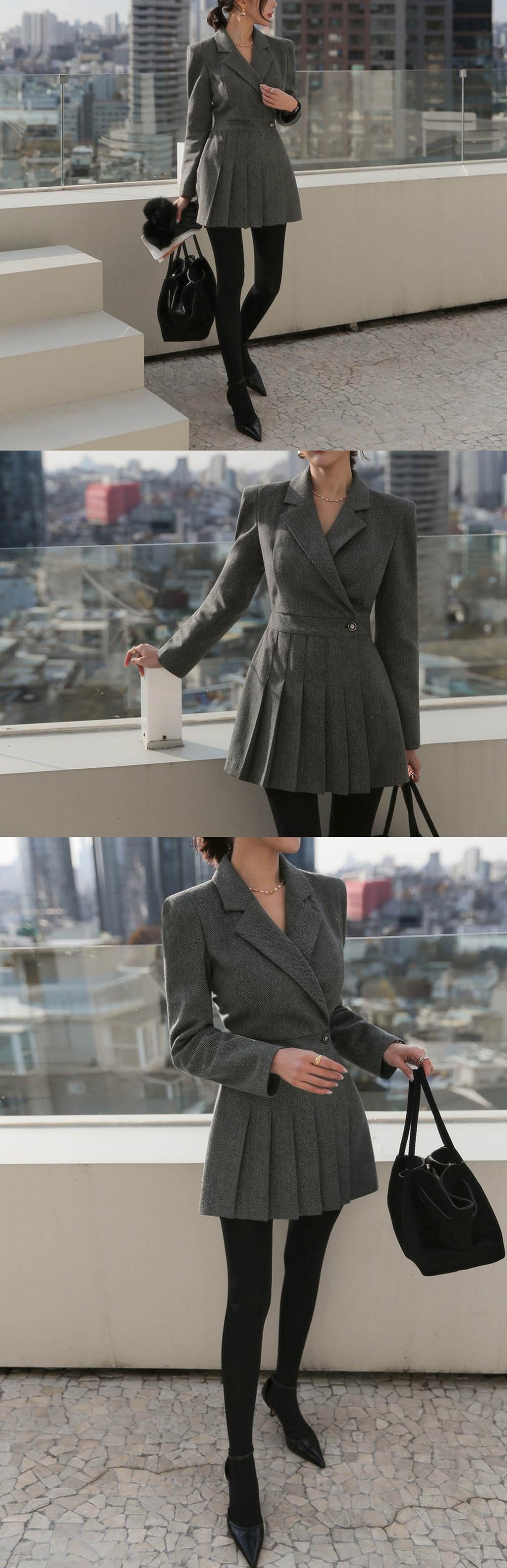 復古西裝感修身短洋裝