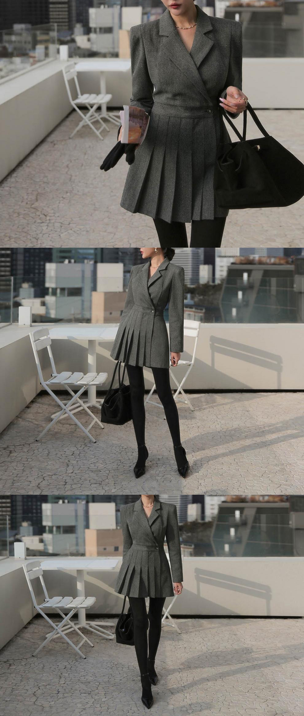 復古西裝感修身短洋裝