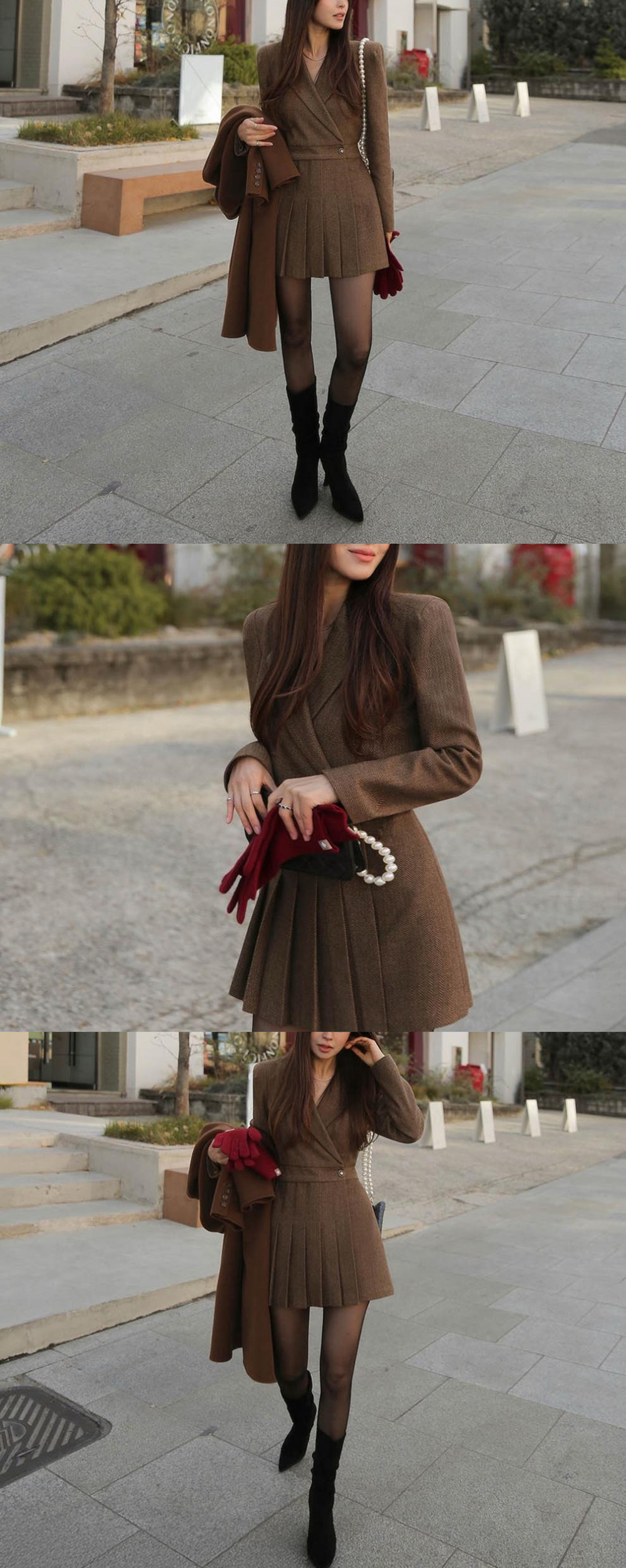 復古西裝感修身短洋裝