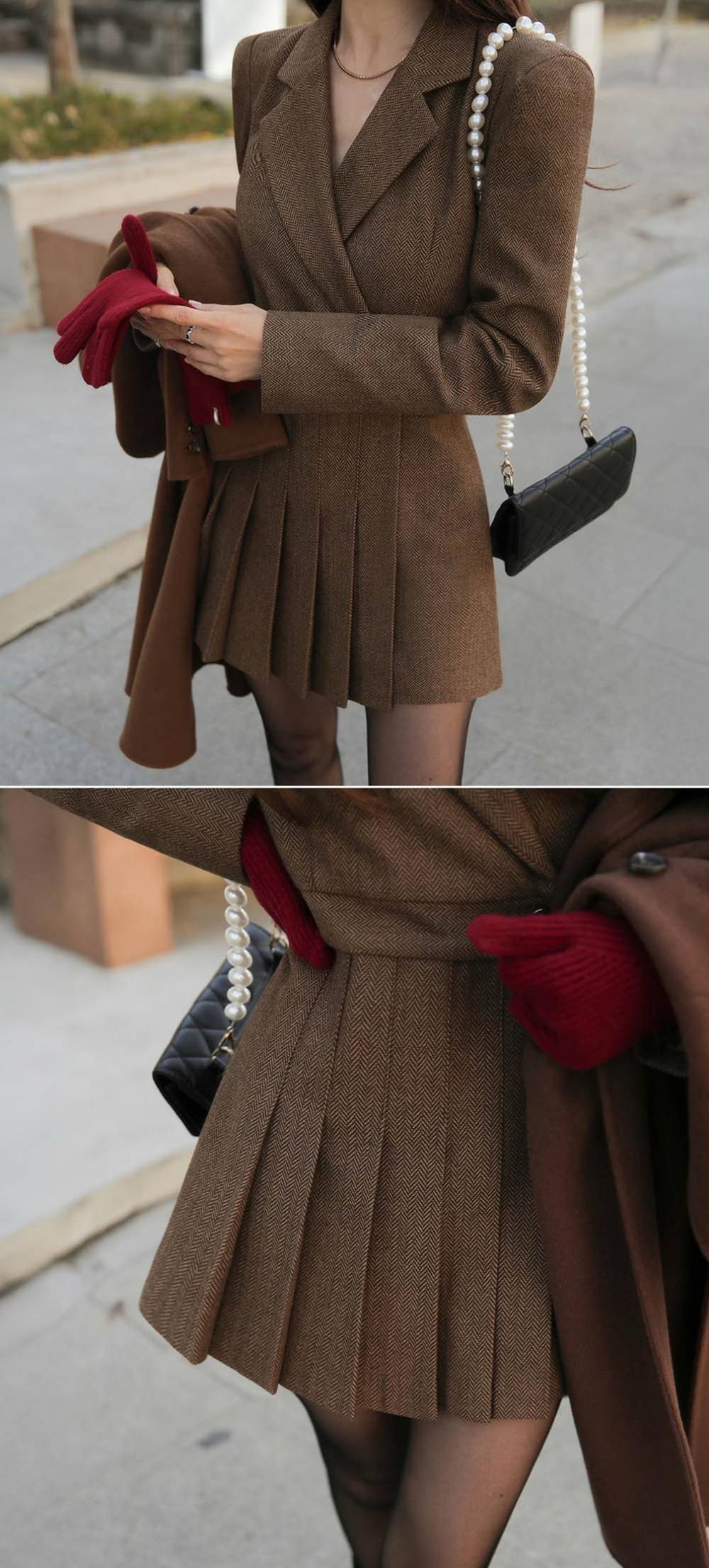 復古西裝感修身短洋裝