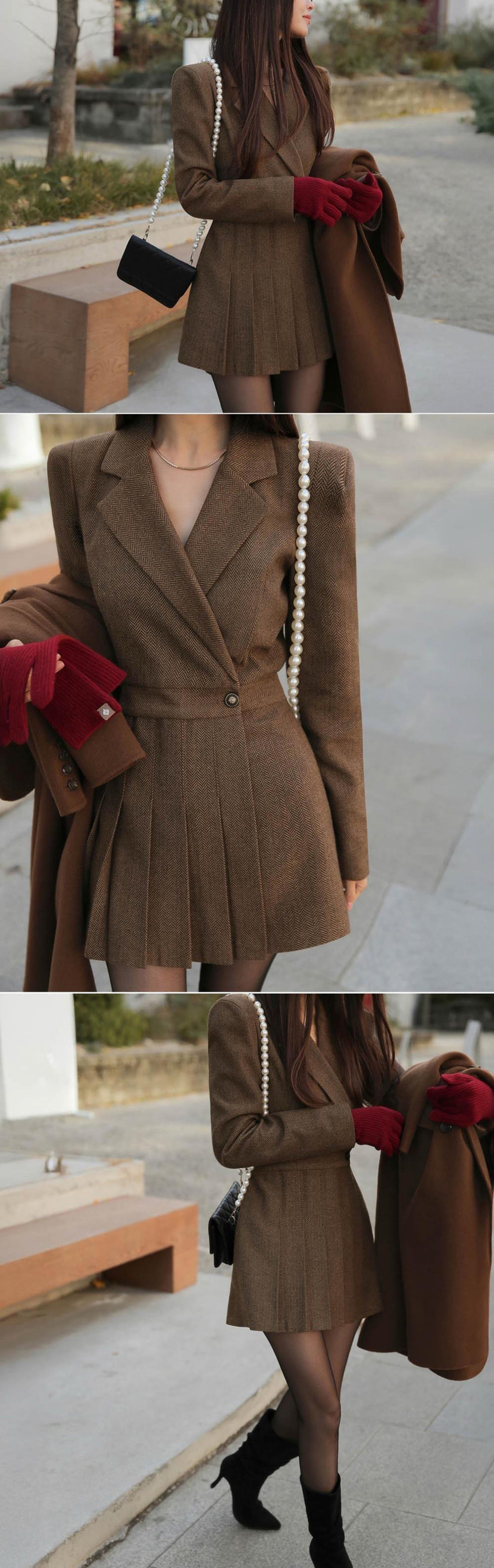 復古西裝感修身短洋裝