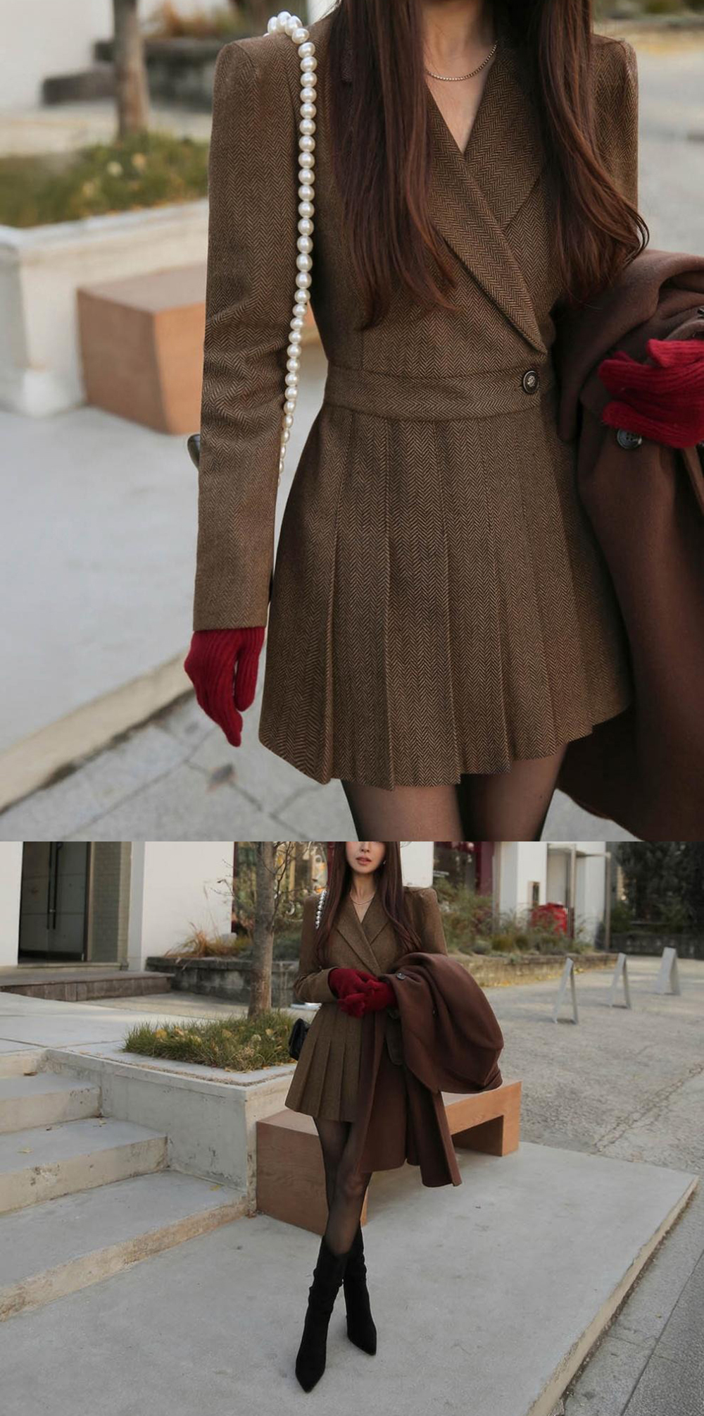 復古西裝感修身短洋裝