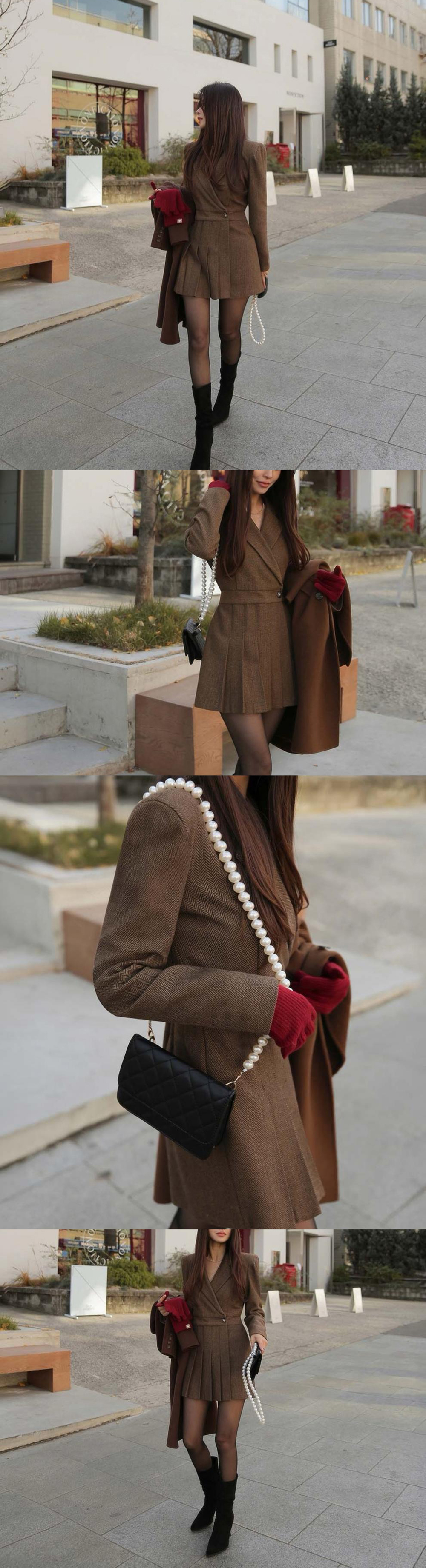 復古西裝感修身短洋裝