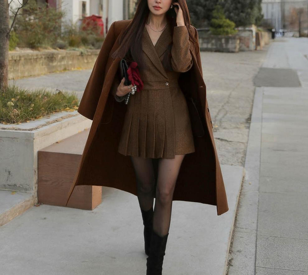 復古西裝感修身短洋裝