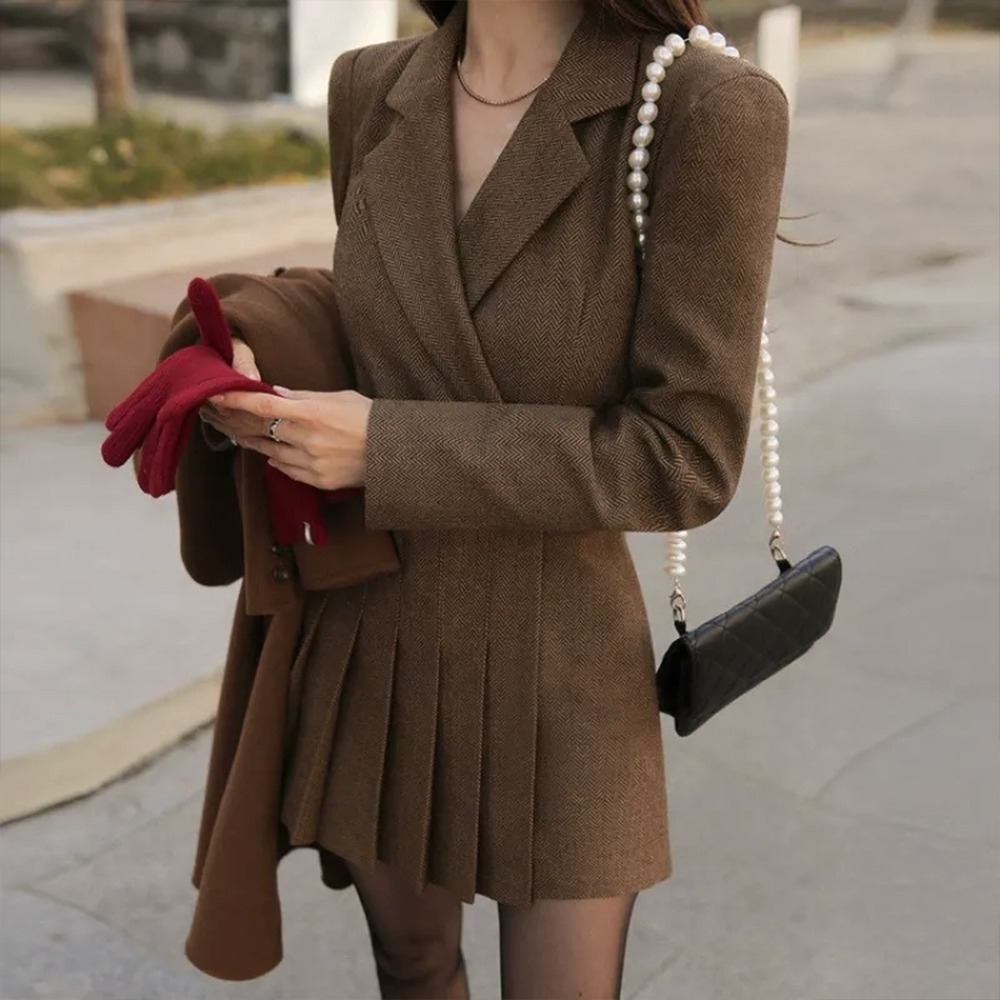 復古西裝感修身短洋裝