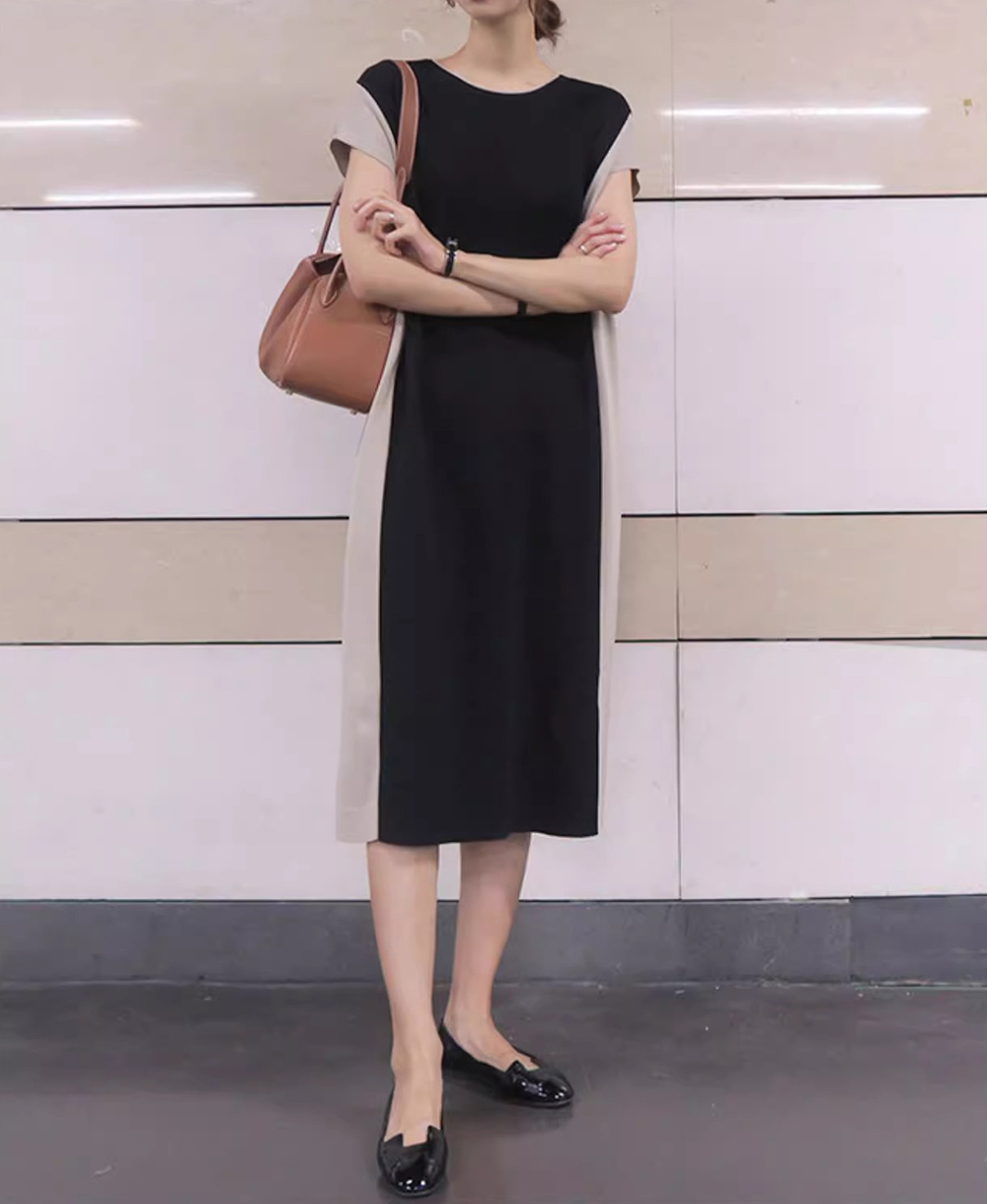 優雅拼色及膝洋裝