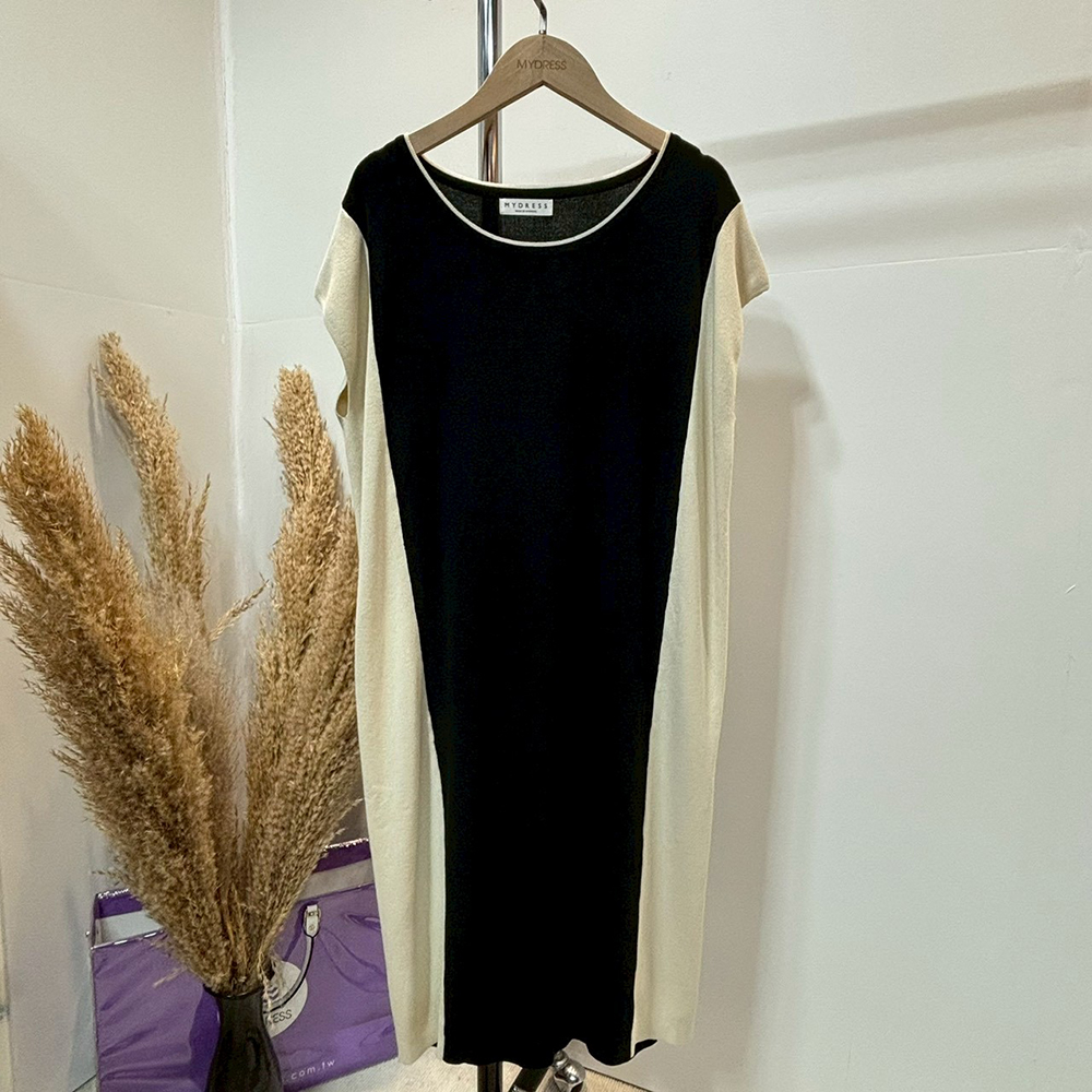 優雅拼色及膝洋裝