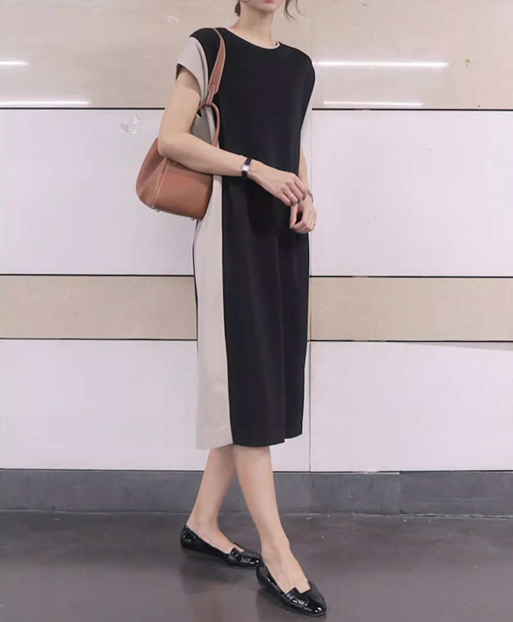 優雅拼色及膝洋裝