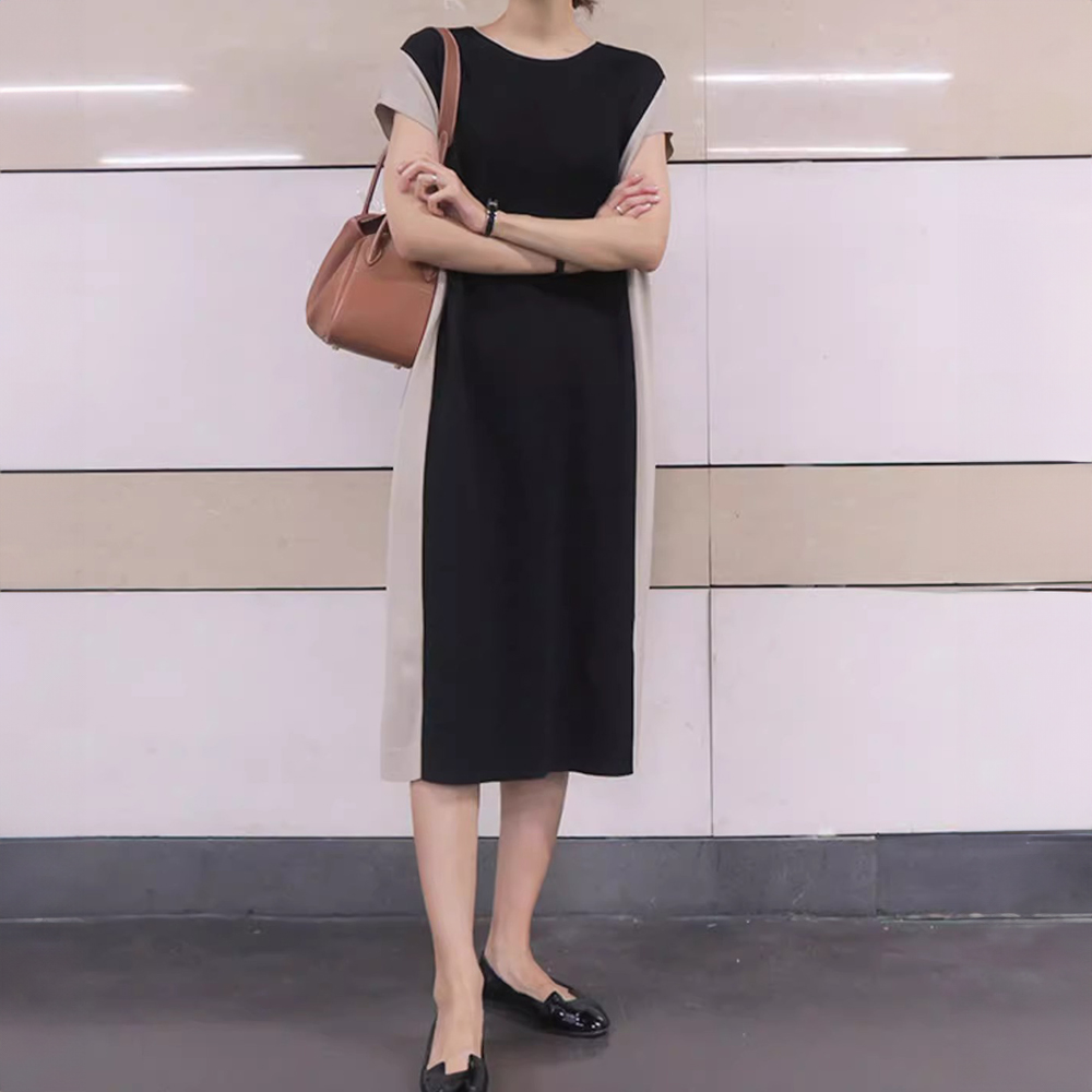 優雅拼色及膝洋裝