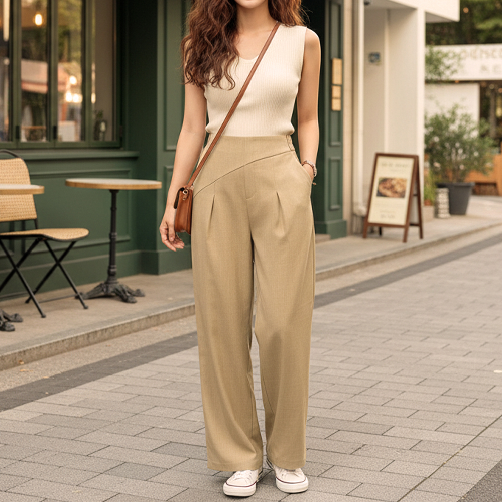 打摺細節後鬆緊腰寬褲