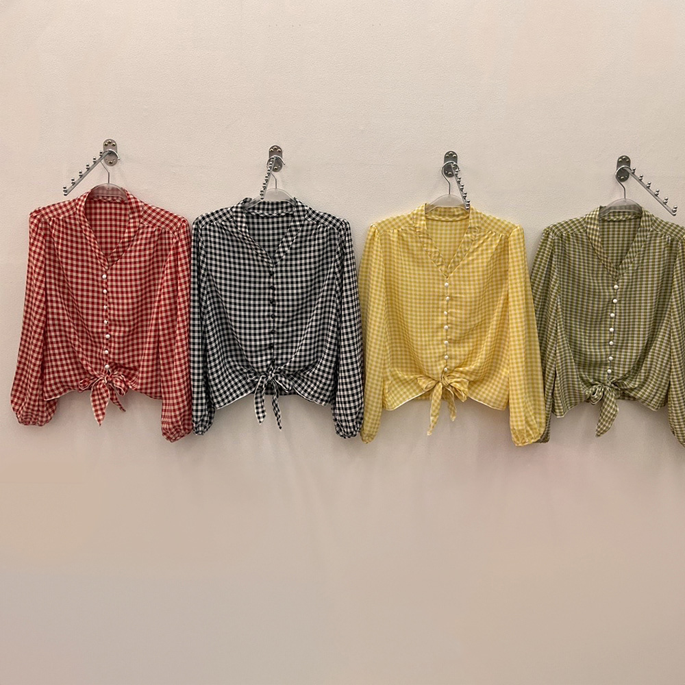 復古格紋V領綁帶上衣