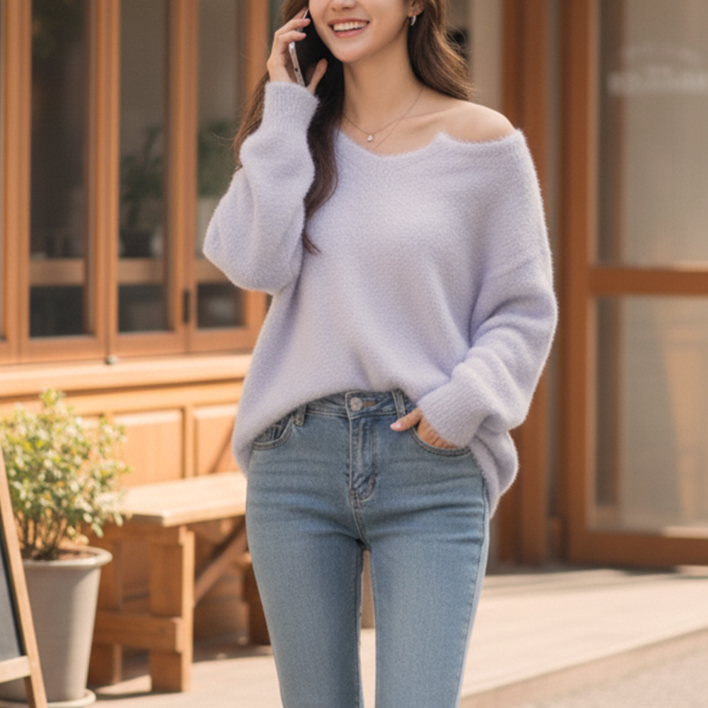 寬鬆開V純色毛衣