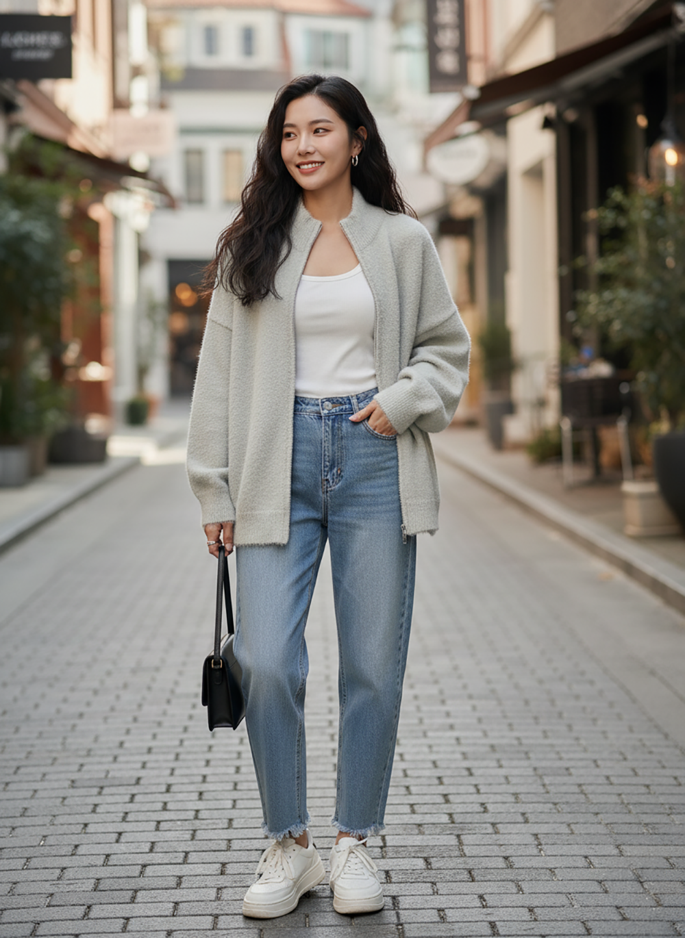 寬鬆立領拉鍊毛衣外套