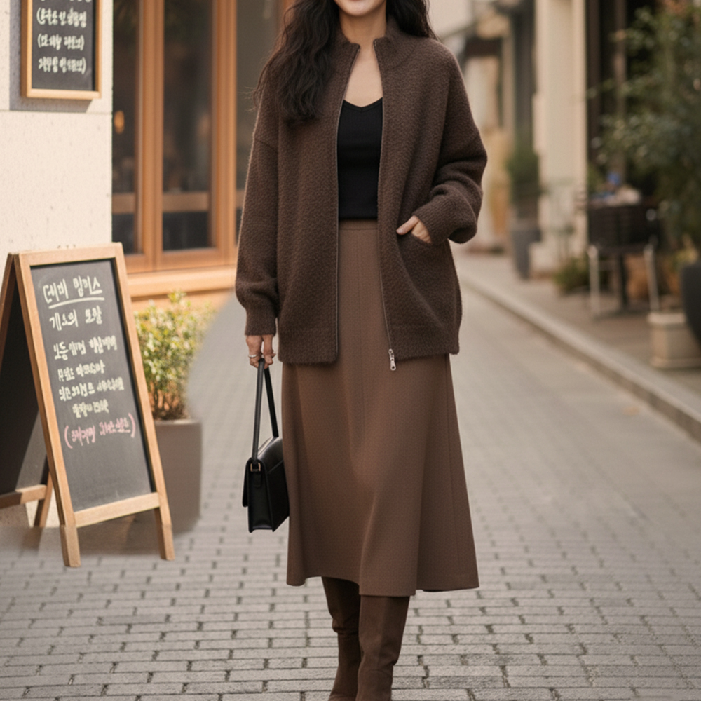 寬鬆立領拉鍊毛衣外套