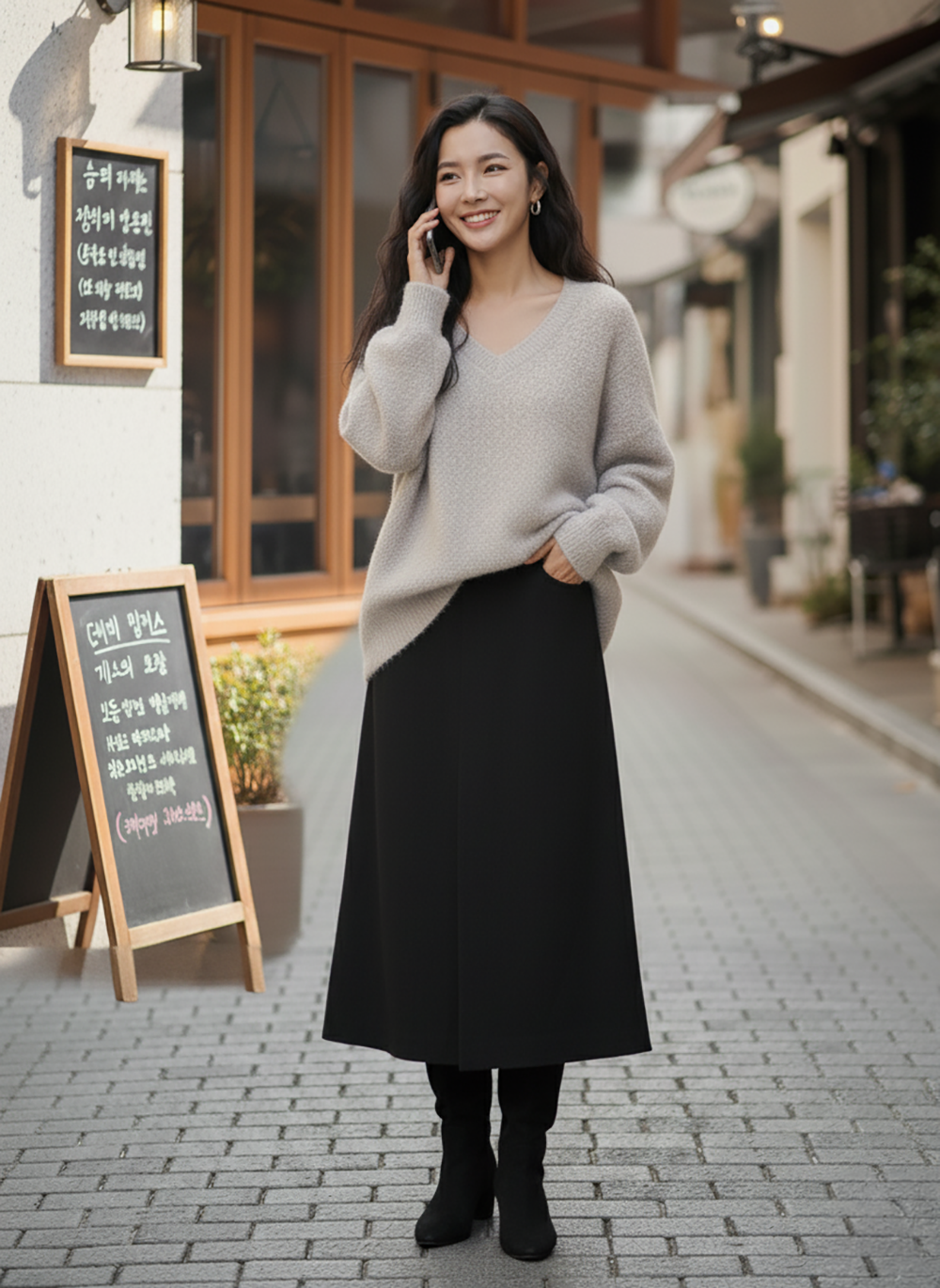 寬鬆大V領側開衩上衣