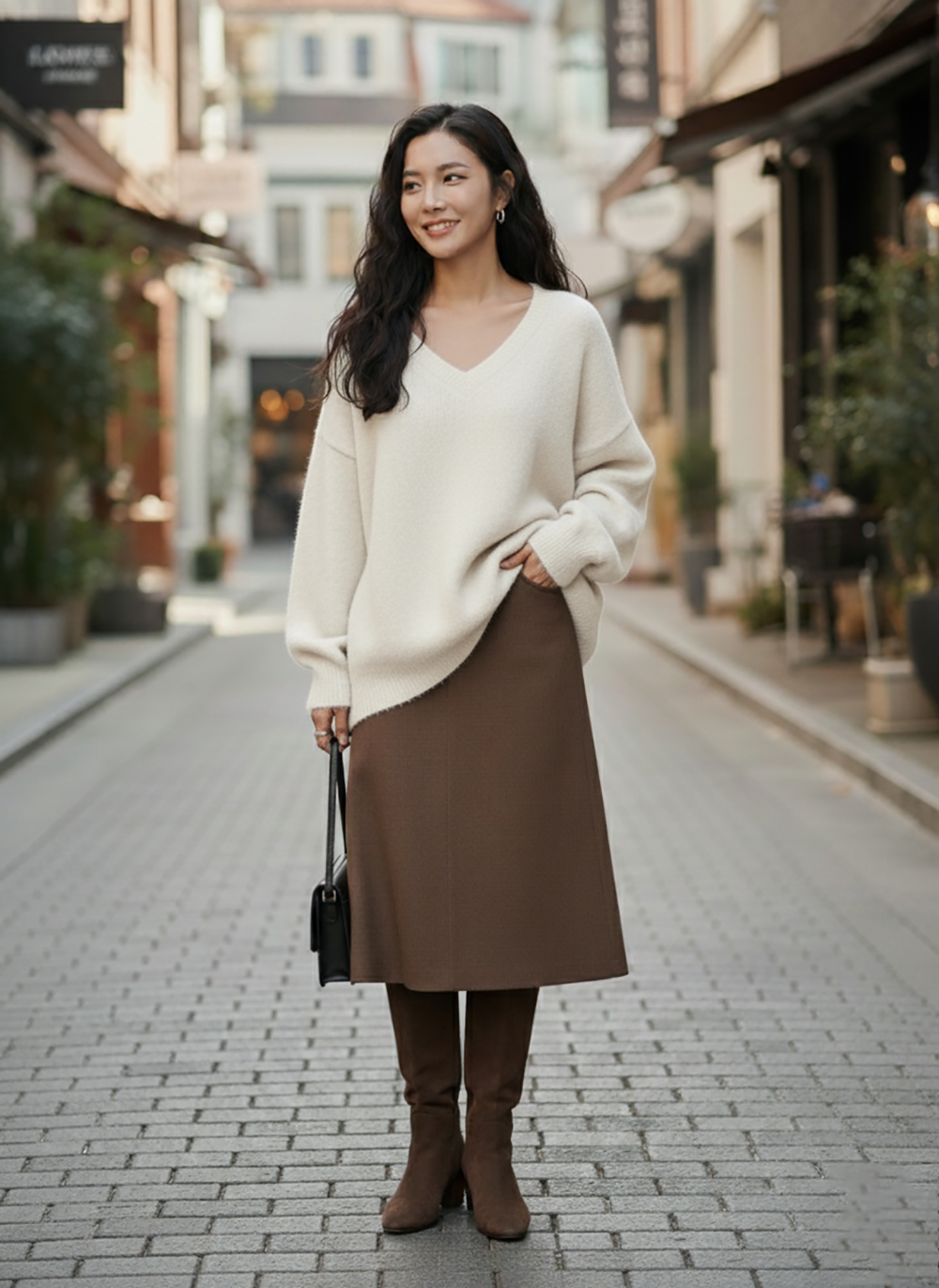 寬鬆大V領側開衩上衣