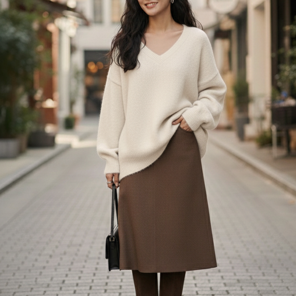 寬鬆大V領側開衩上衣