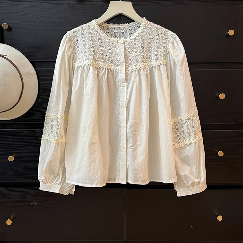 不完美-蕾絲刺繡拼接棉麻襯衫