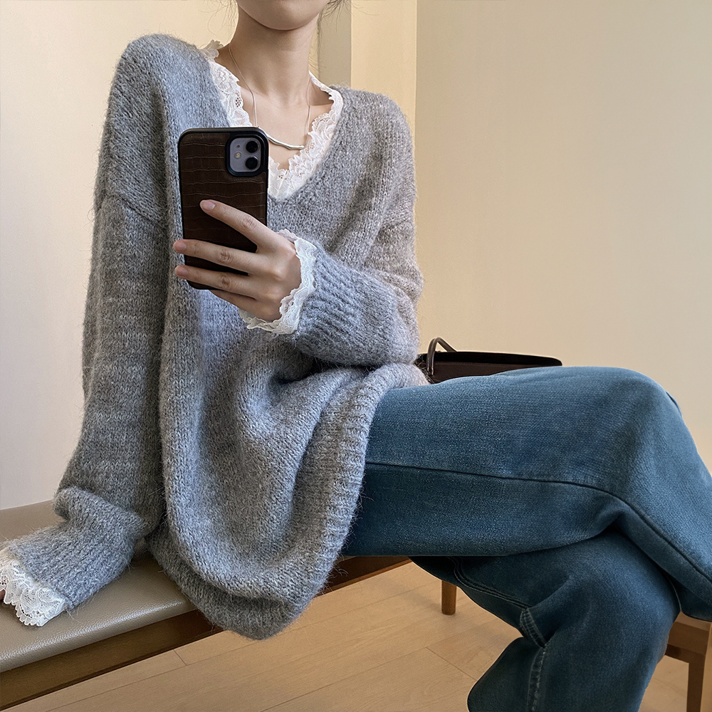 蕾絲花邊V領針織毛衣