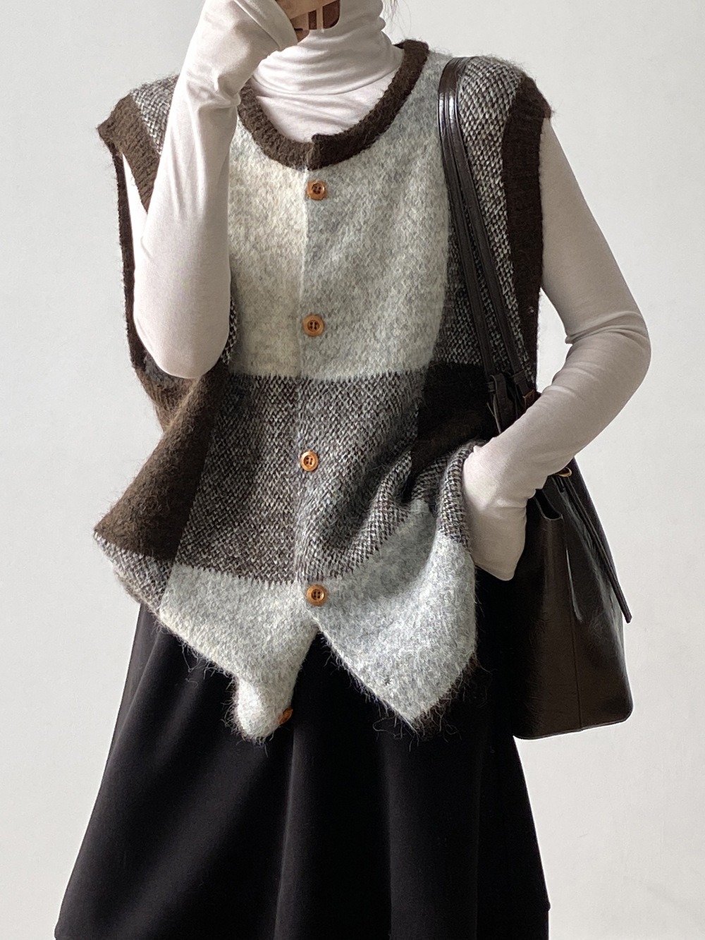 撞色格子針織背心外套
