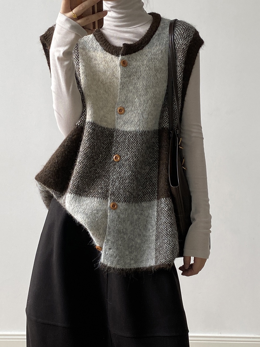 撞色格子針織背心外套