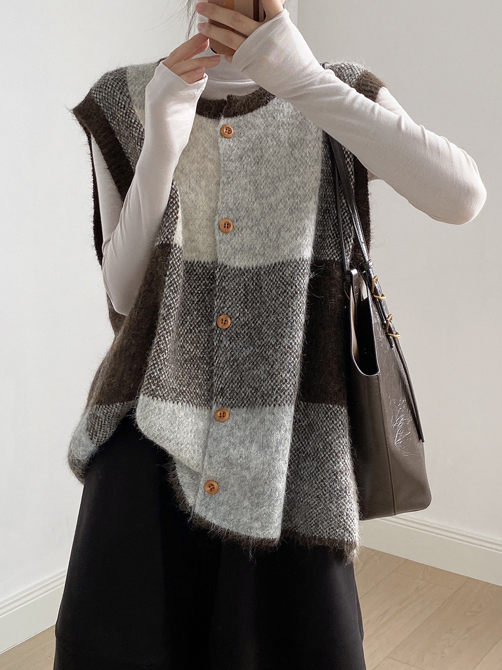 撞色格子針織背心外套